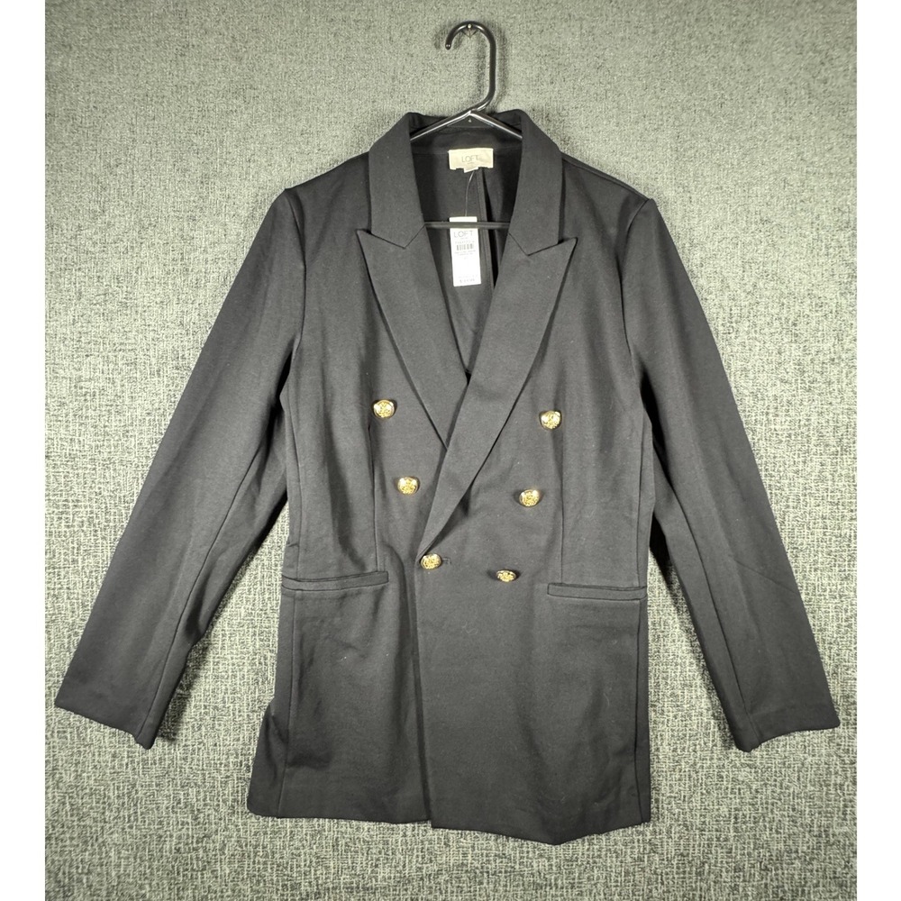 Loft Outlet Womens Black Double Breasted Gold Button Knit Blazer Jacket Size 10